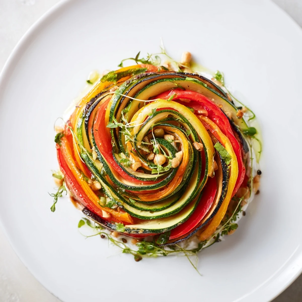 The vibrant Snail Shell Spiral displays colorful roasted vegetables layered with a tangy, herbed goat cheese.