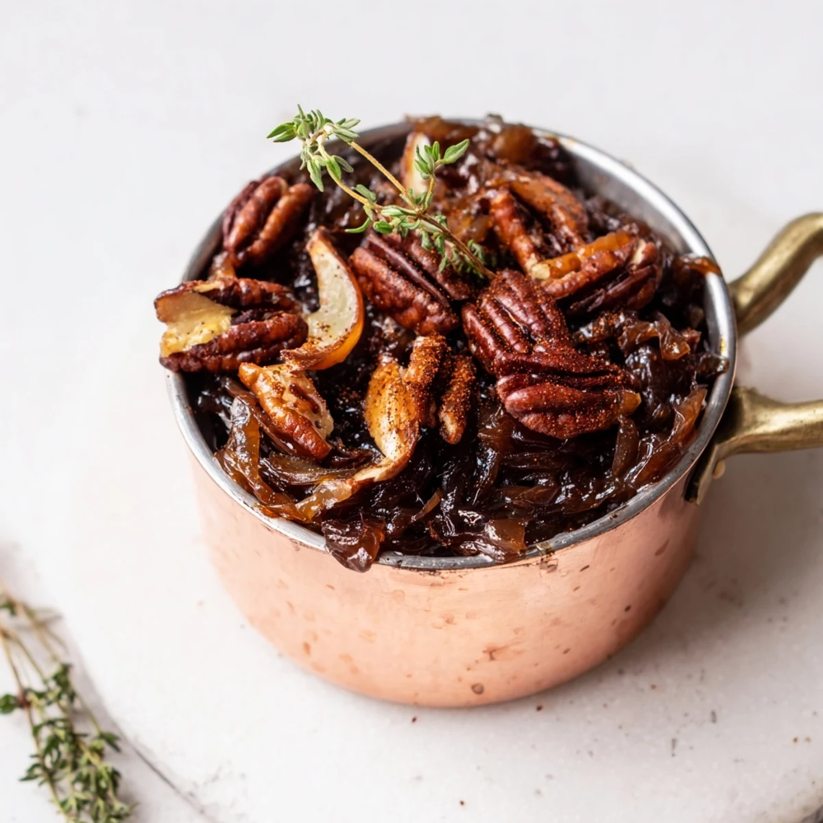 This photo depicts The Copper Kettle, a vegetarian appetizer with toasted pecans and dates atop caramelized onions.