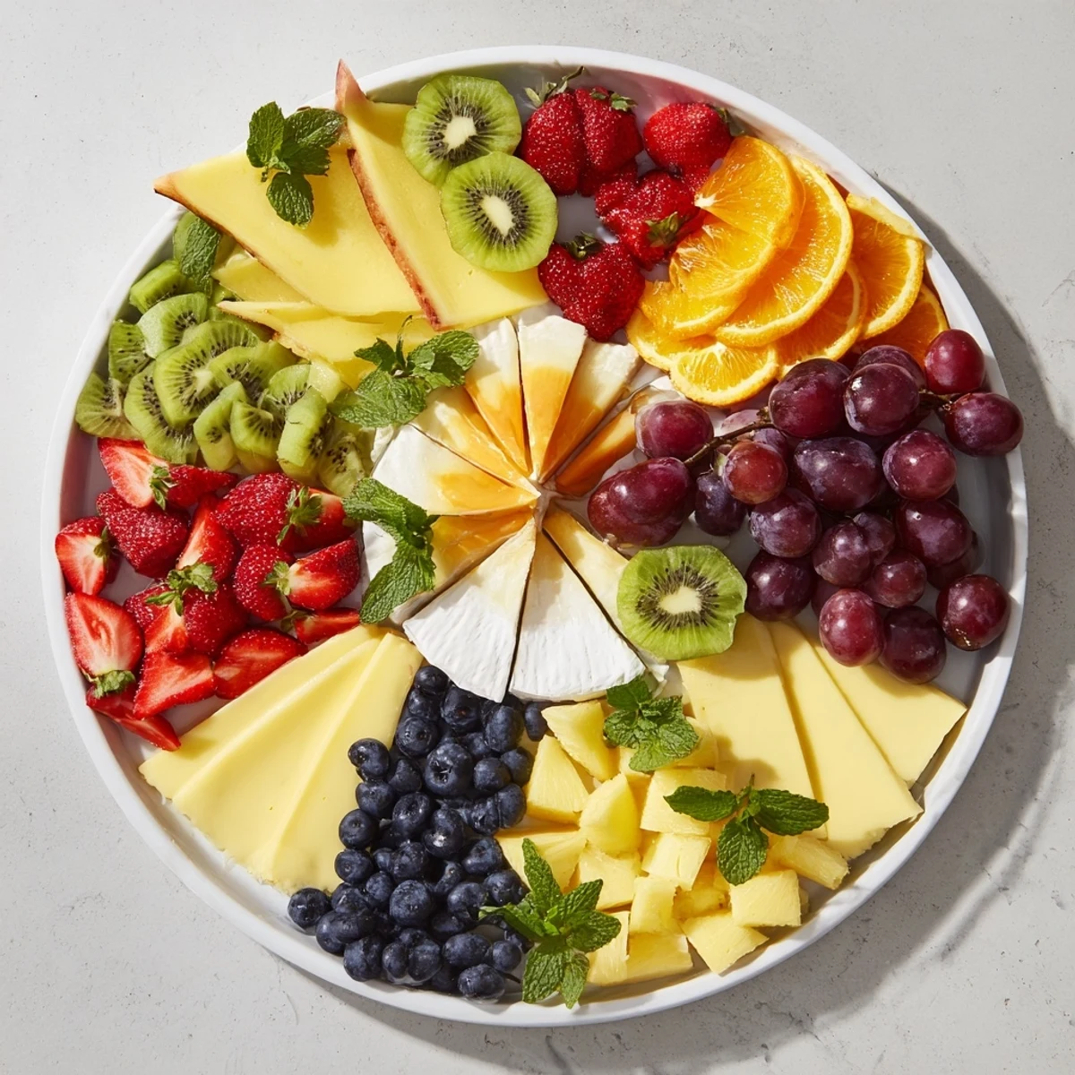 A vibrant Kaleidoscope Circle appetizer with colorful fruits and assorted cheese wedges.