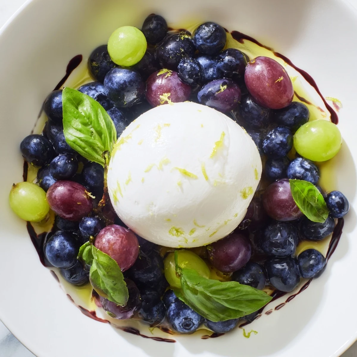 Vibrant Moonlit Lagoon salad: juicy grapes and plump blueberries surrounding creamy burrata cheese.