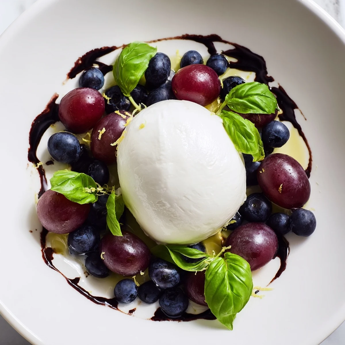 The Moonlit Lagoon salad, fresh blueberries and grapes with a balsamic glaze and fluffy burrata.