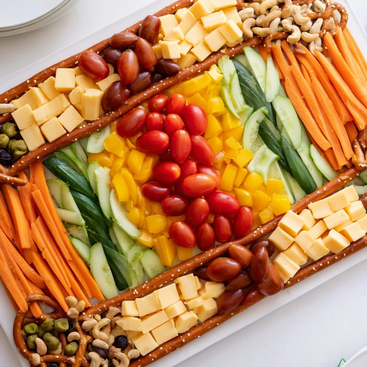 A visually appealing Urban Grid snack platter featuring colorful cheese, veggie, and meat cubes.
