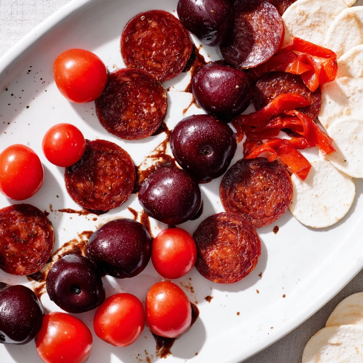 The Crimson Tide appetizer: Spicy chorizo and sweet cherry swirls atop crunchy white crackers, ready to serve.