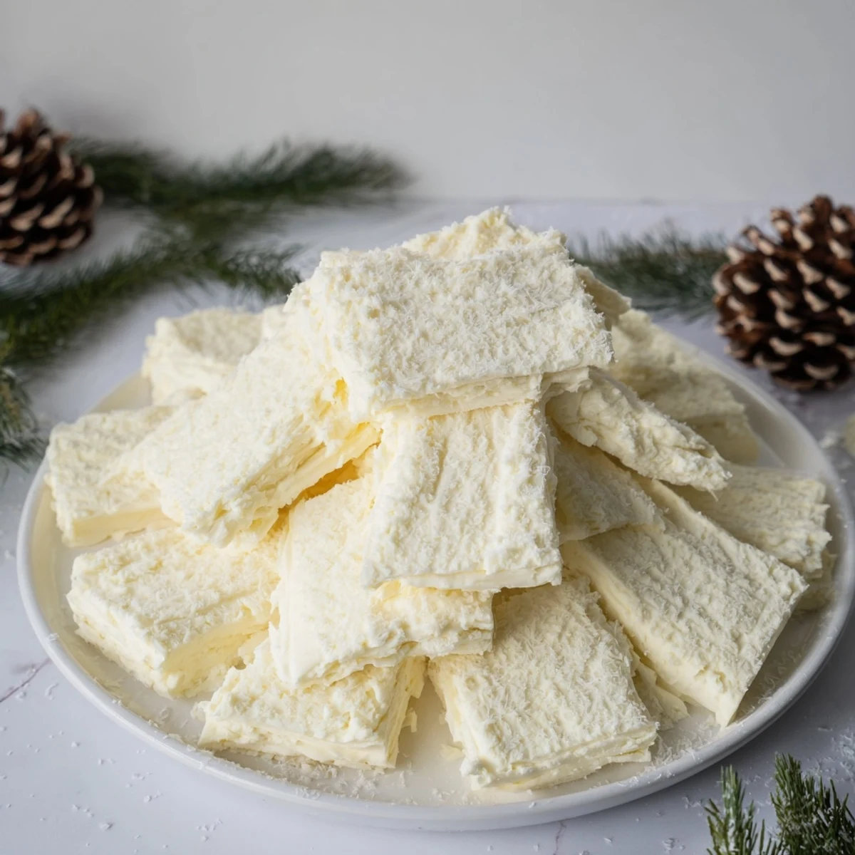 Frosted Pine cheese board with sugared rosemary "trees" and almond "pinecones," ready to serve.
