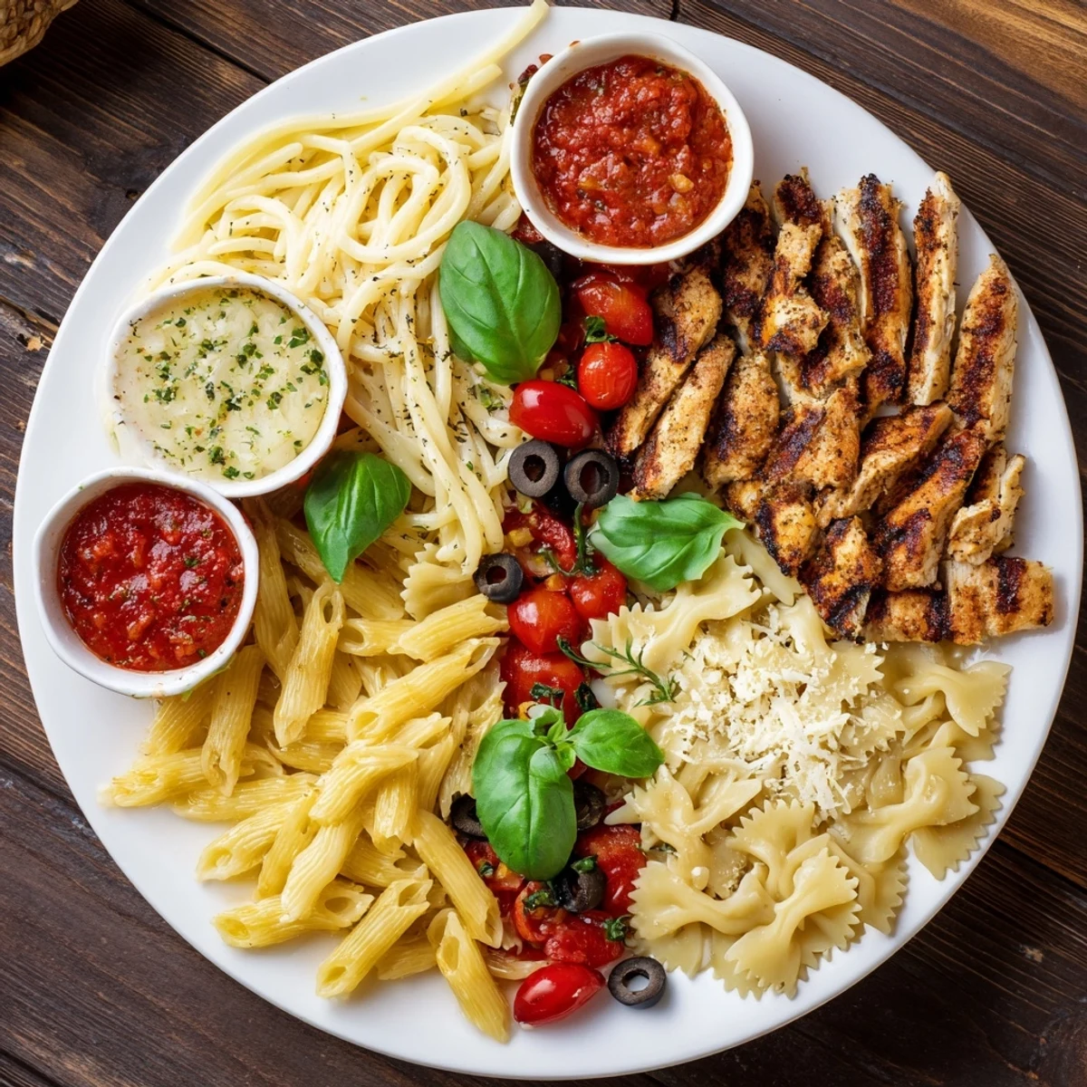 Girl Dinner Pasta Board, a vibrant platter of pasta, sauces, and grilled chicken, ready to be enjoyed.