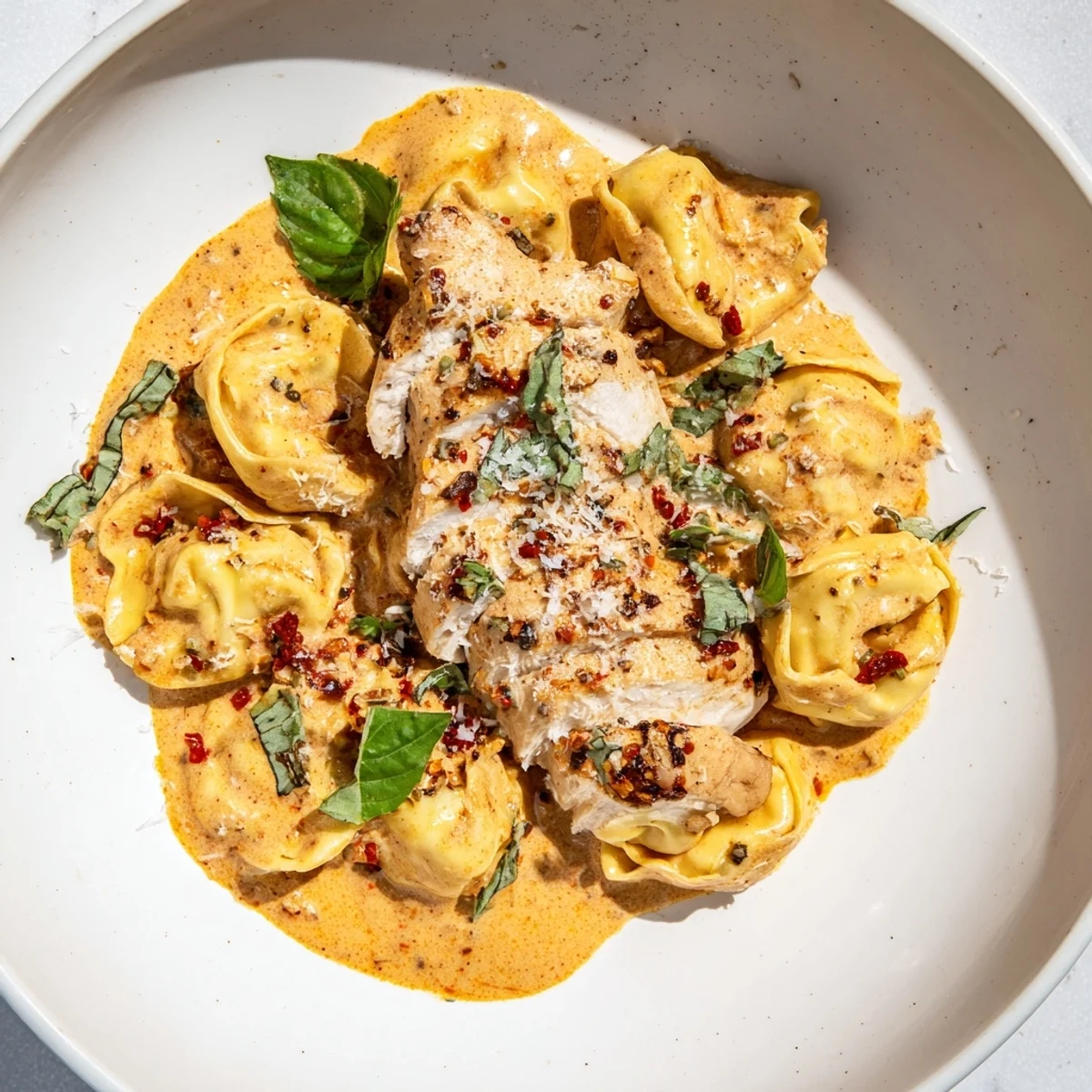 Marry Me Chicken Tortellini with tender, glistening cheese tortellini in rich, creamy, sun-dried tomato sauce.