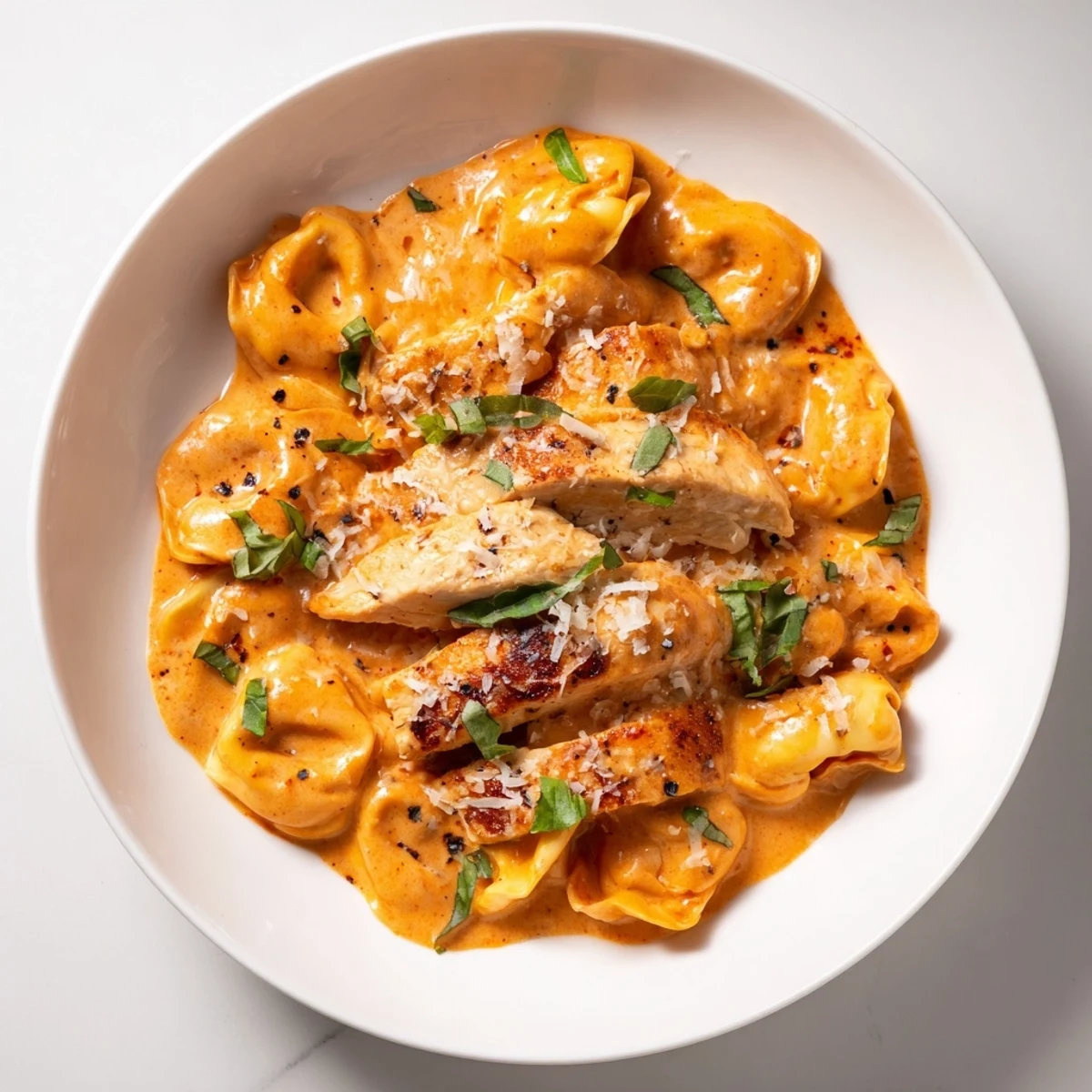 A steaming bowl of flavorful Marry Me Chicken Tortellini, garnished with fresh basil and Parmesan cheese.