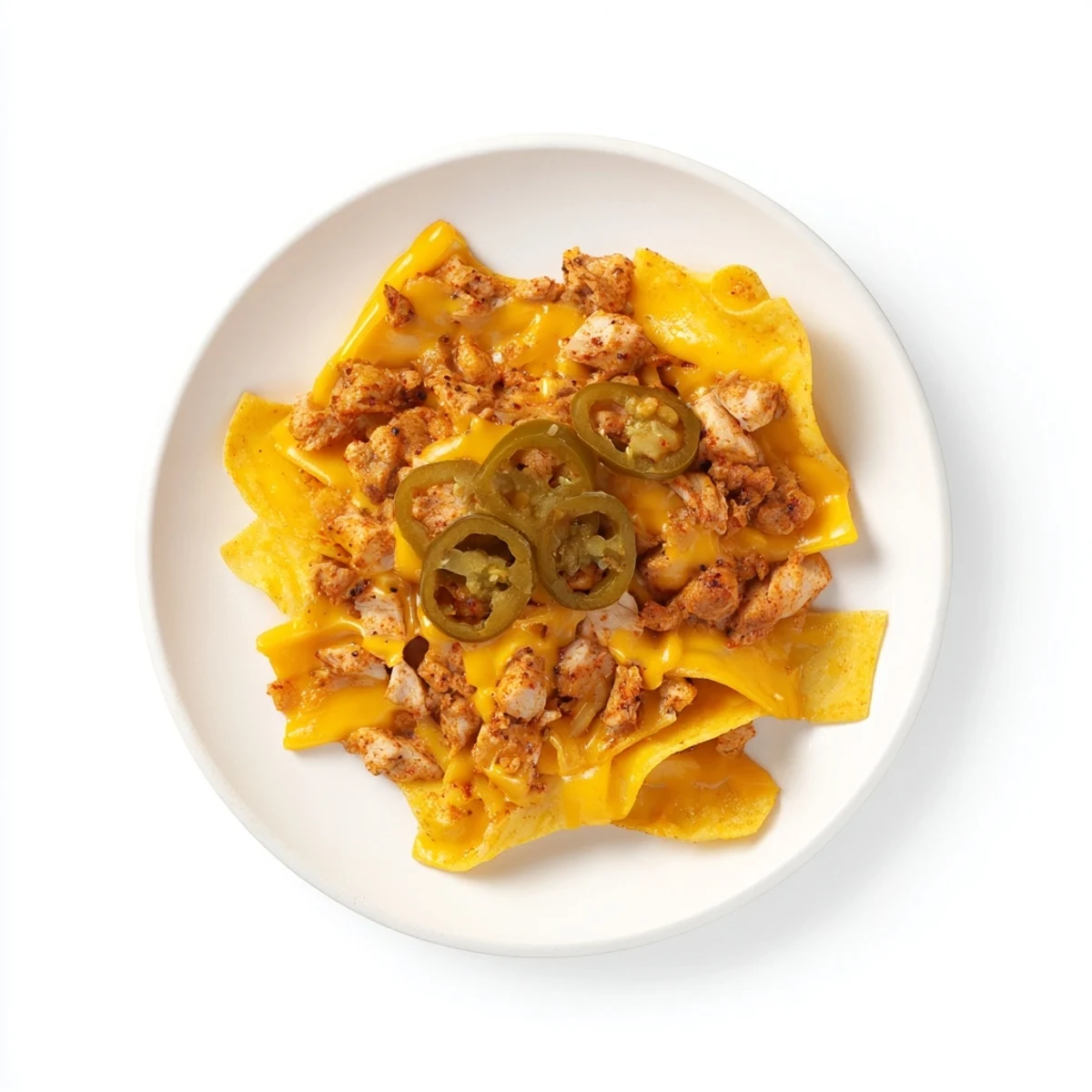 Pasta Chip Nachos featuring crispy golden pasta chips loaded with spicy chicken, melted cheese and jalapeños.