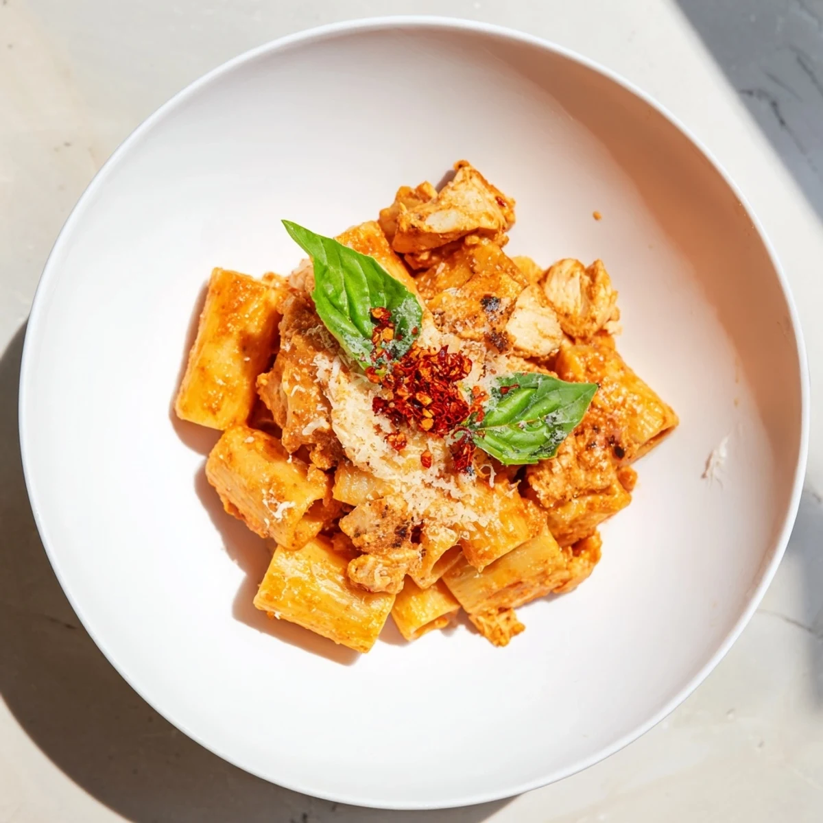 A vibrant image shows creamy Spicy Vodka Chicken Pasta garnished with fresh basil leaves.