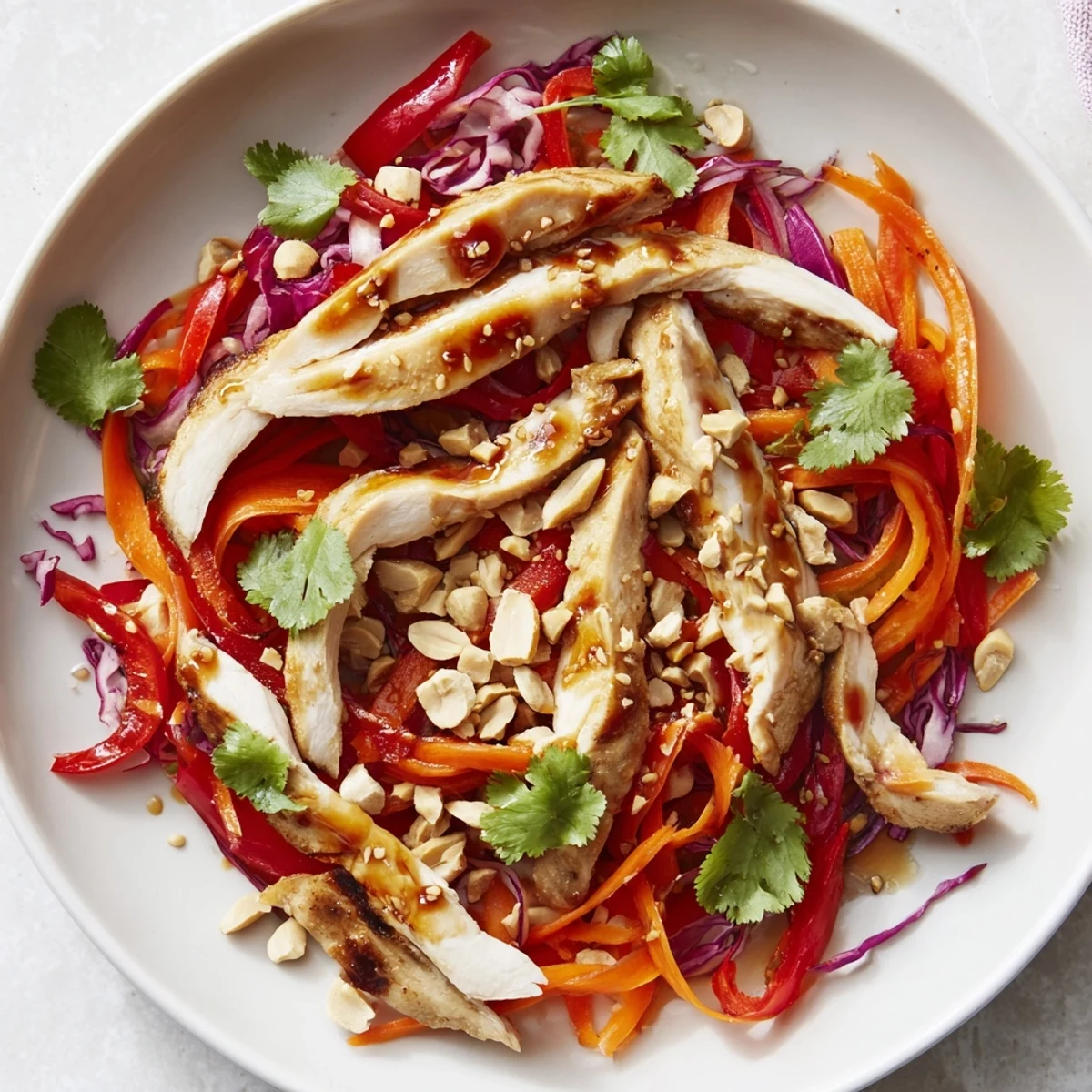 Imagine the vibrant colors of this Carrot Ribbon and Chicken Slaw with crunchy veggies and a creamy dressing.