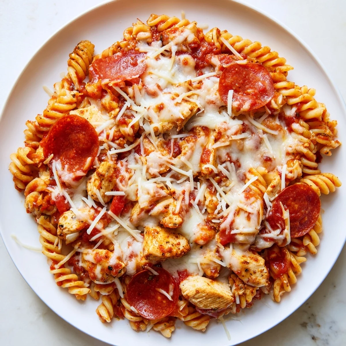 Steaming One-Pan Pizza Pasta, with a generous helping for each serving, promising a hearty Italian dinner.