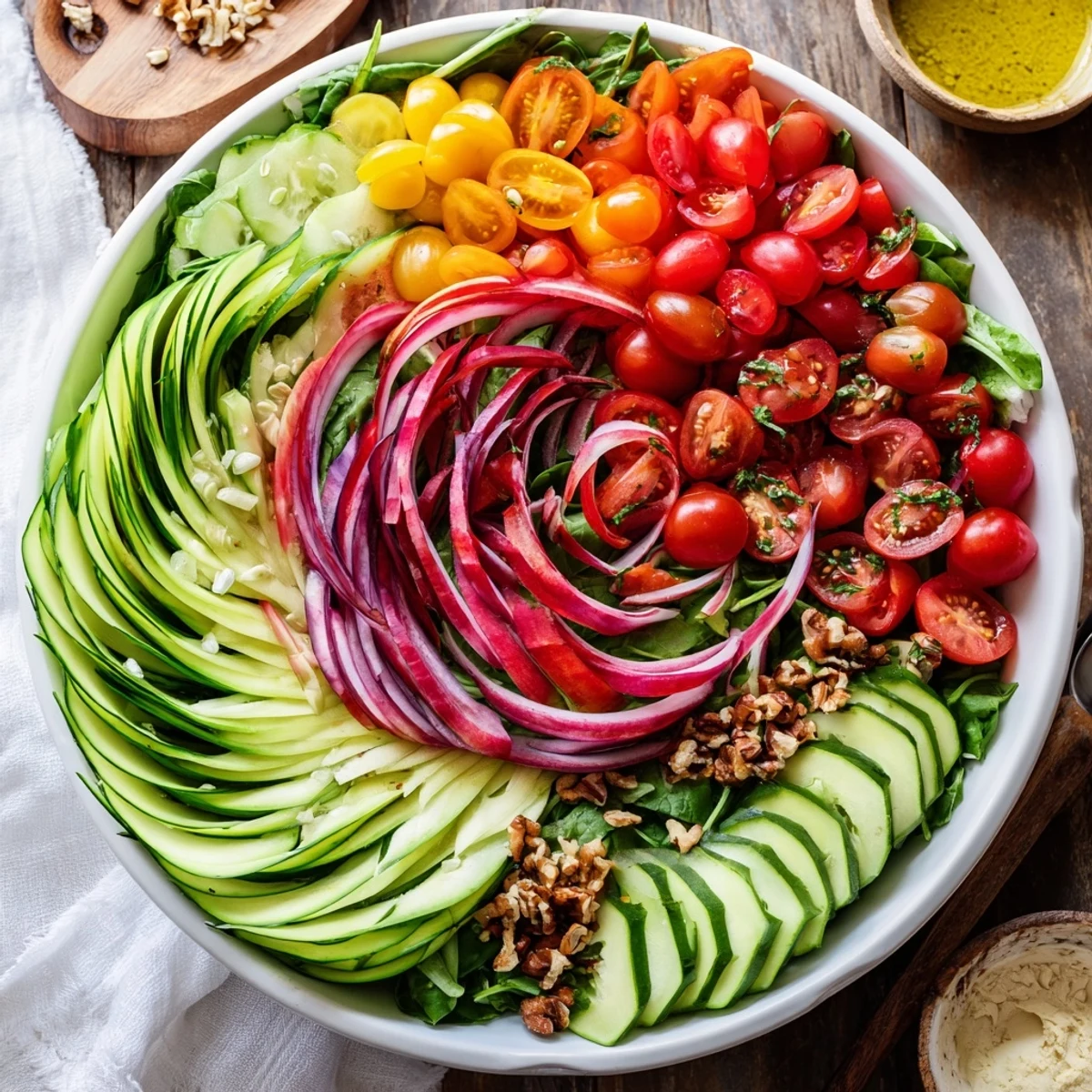 Vibrant Fibonacci Fan Salad with fresh greens, tomatoes, and creamy avocado, perfect for lunch.