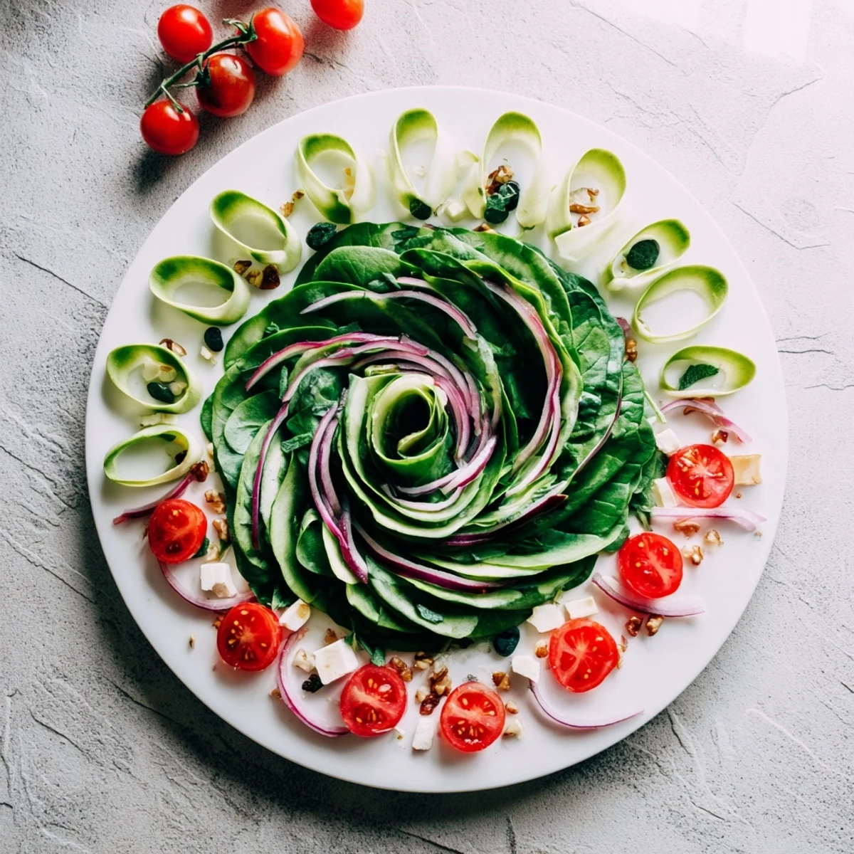 A colorful close-up of the Fibonacci Fan Salad, showcasing the spiral arrangement and fresh ingredients.