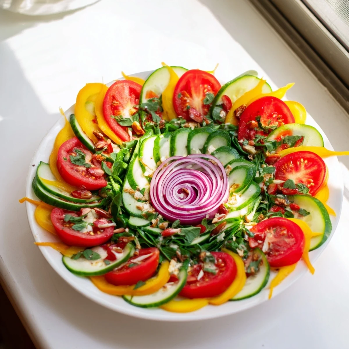 Delectable and flavorful Fibonacci Fan Salad, ready to eat with a light and zesty lemon dressing.