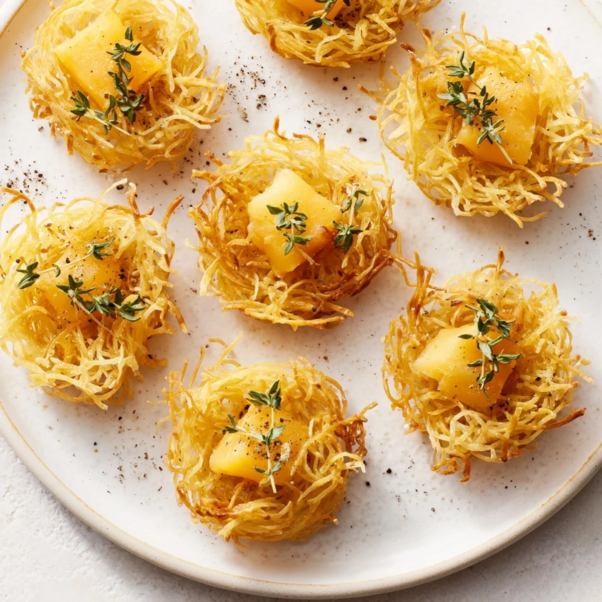Golden, flaky phyllo "hay" nests topped with rustic farmhouse cheese wedges for The Rustic Barnyard.