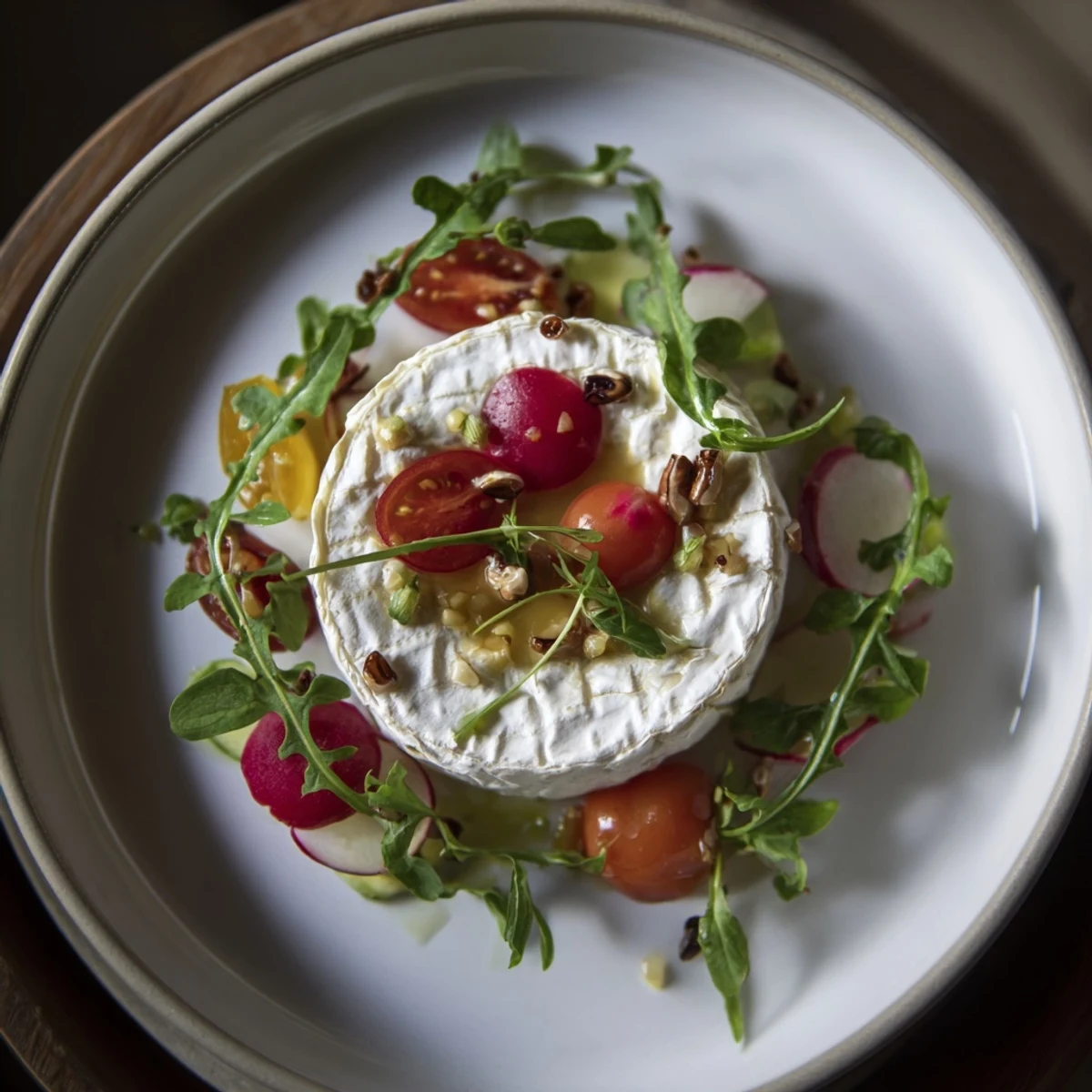 Image of the zenith point salad: Arugula and tomatoes converge toward a beautiful artisanal cheese wheel.