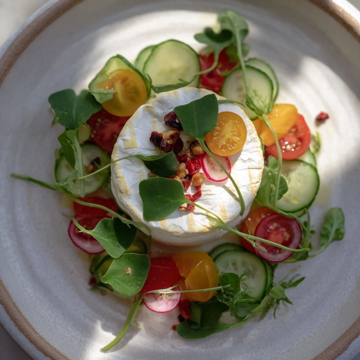 An overhead view shows the zenith point salad with ingredients pointing to soft, creamy cheese.