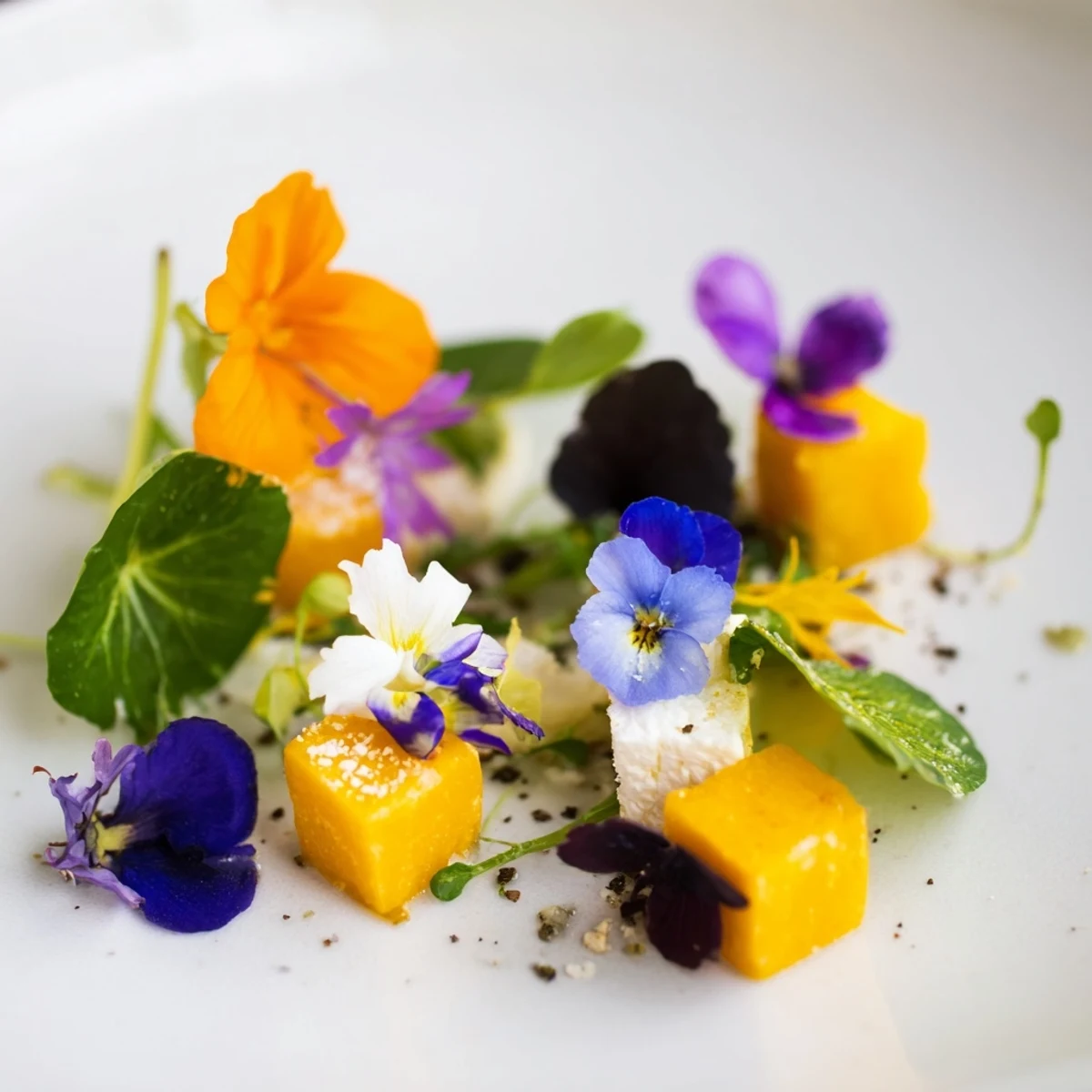 A vivid image of The Secret Garden appetizer, cheese cubes hidden under floral microgreens.