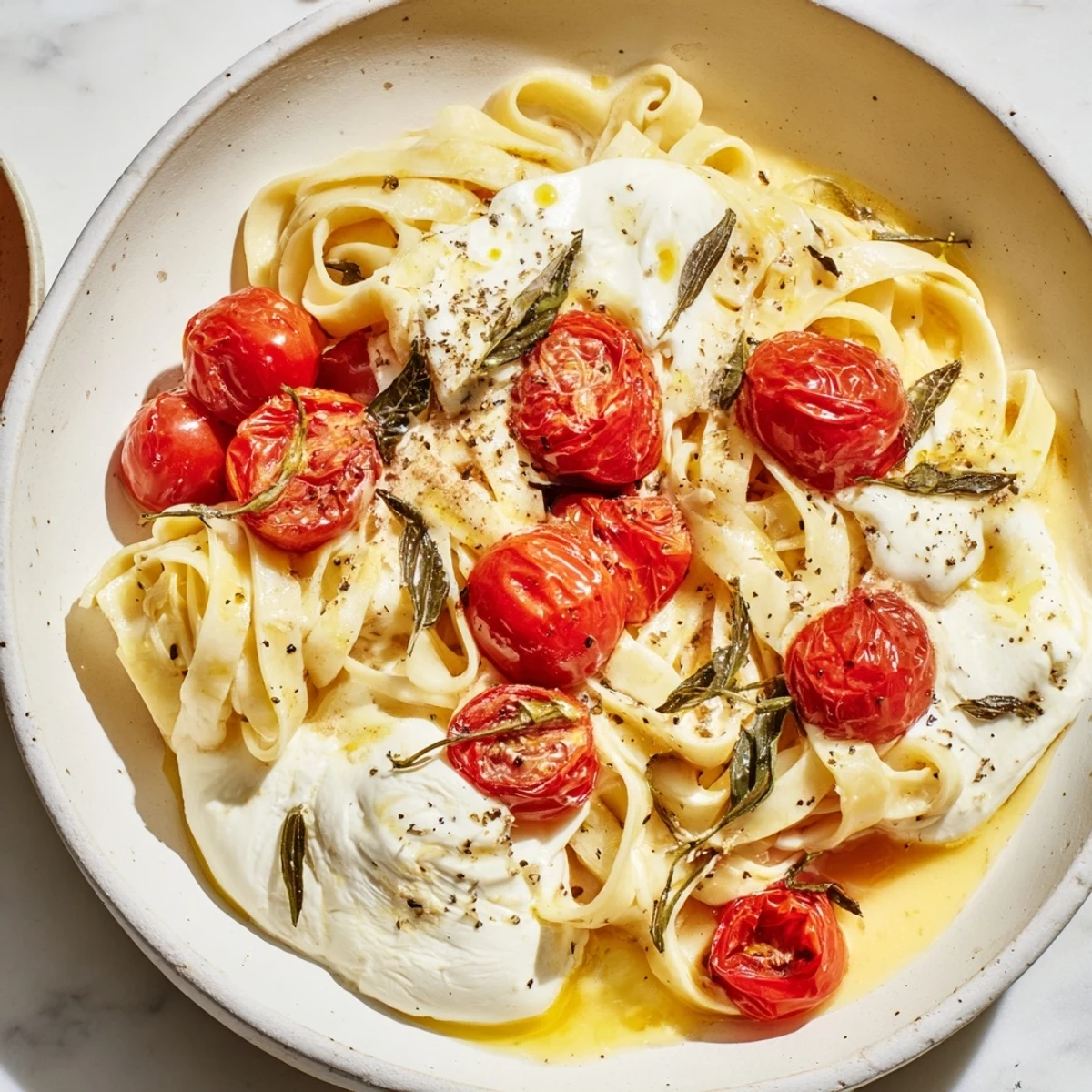 Golden, melted Baked Brie Pasta Sauce clinging to fettuccine, topped with fresh basil and pepper.
