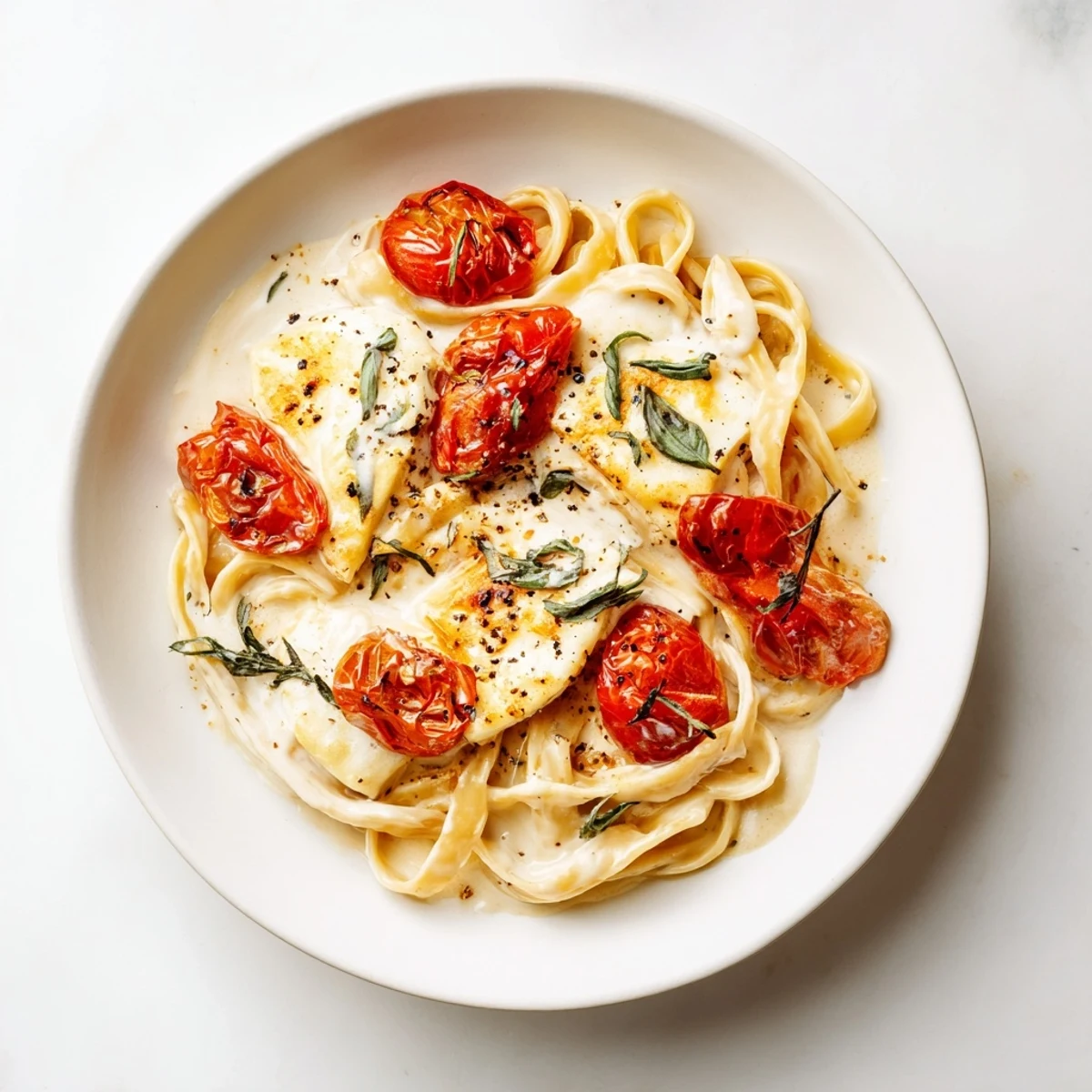 A close-up of a skillet filled with rich Baked Brie Pasta Sauce, showcasing melted brie and tomatoes.
