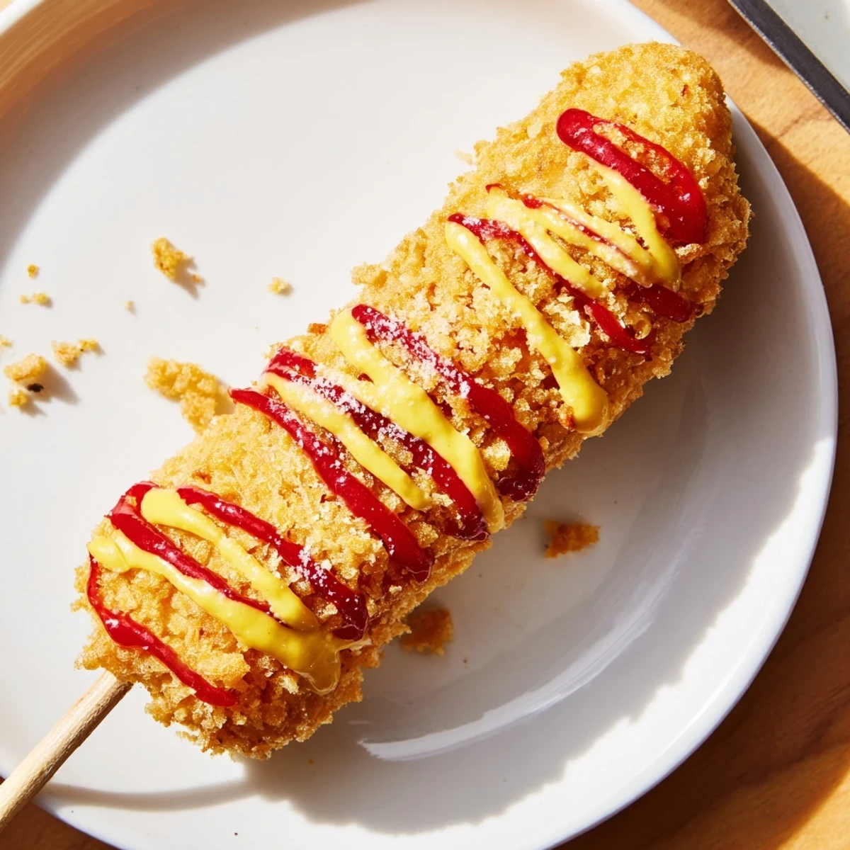 Golden-brown Korean-Inspired Corn Dogs, ready to eat, with a crispy exterior and sweet batter.