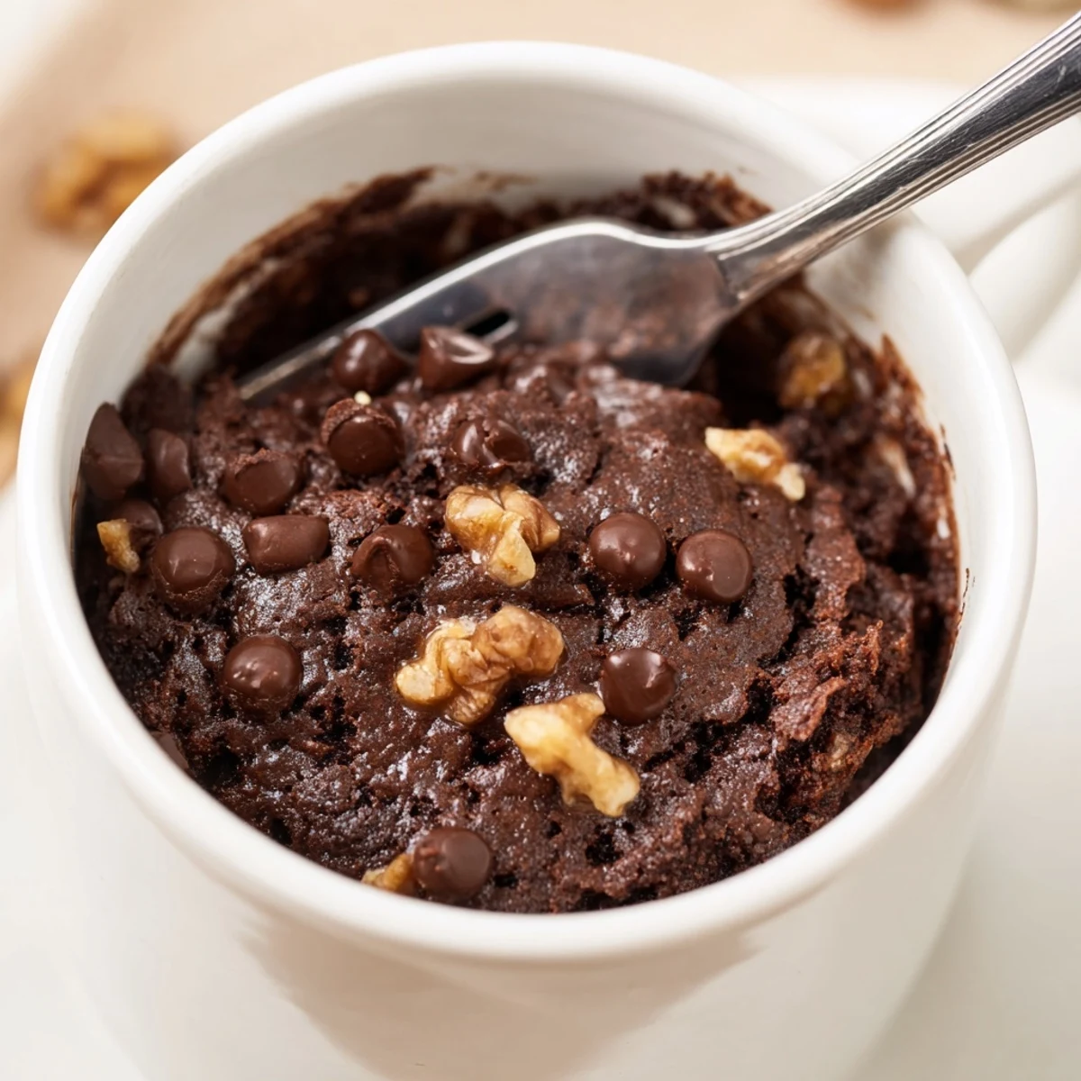 Steaming mug brownie with melty chocolate chips, ready for a delicious 2-minute dessert.