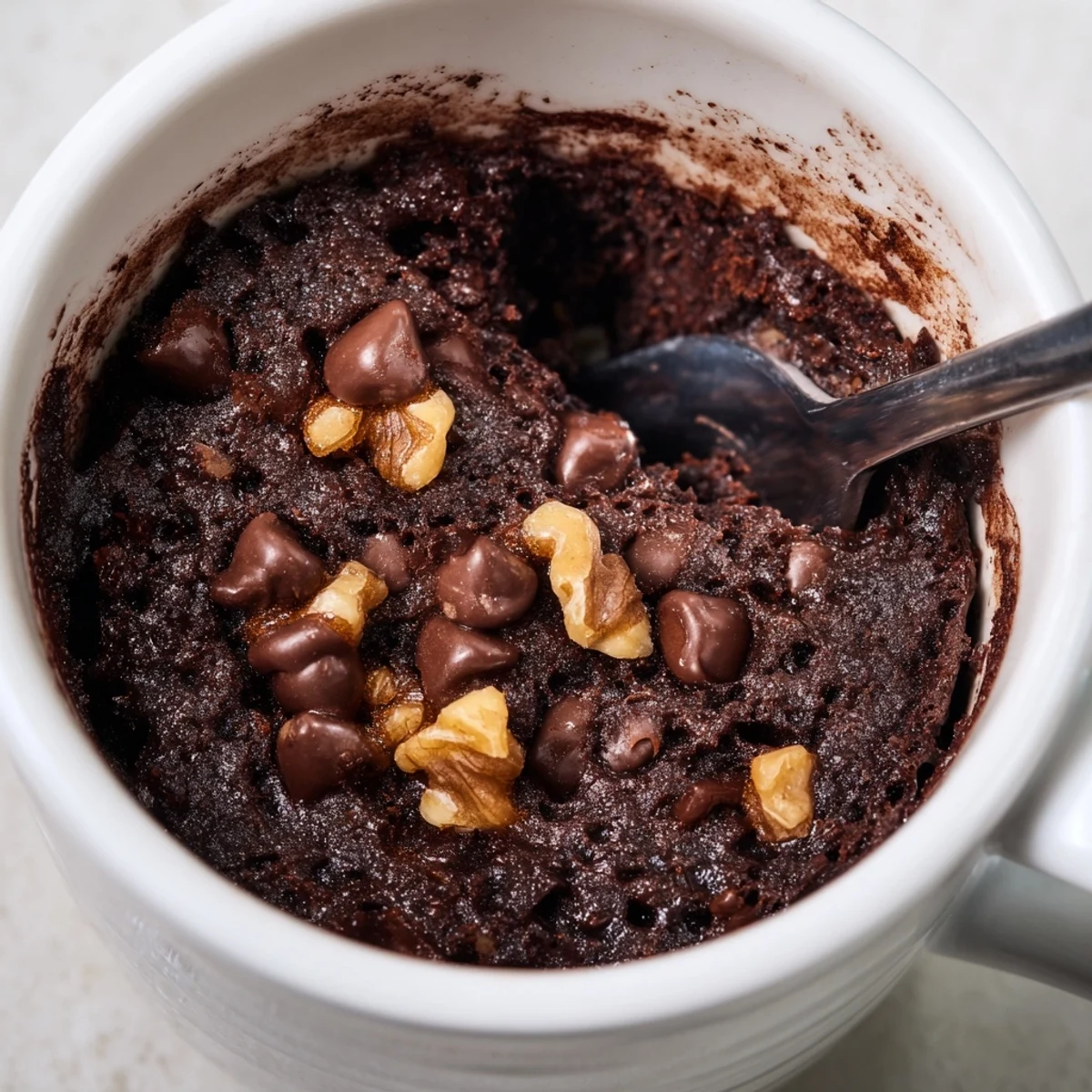 A warm, fudgy 2-Minute Mug Brownie overflowing with tempting chocolate after a quick microwave cook.