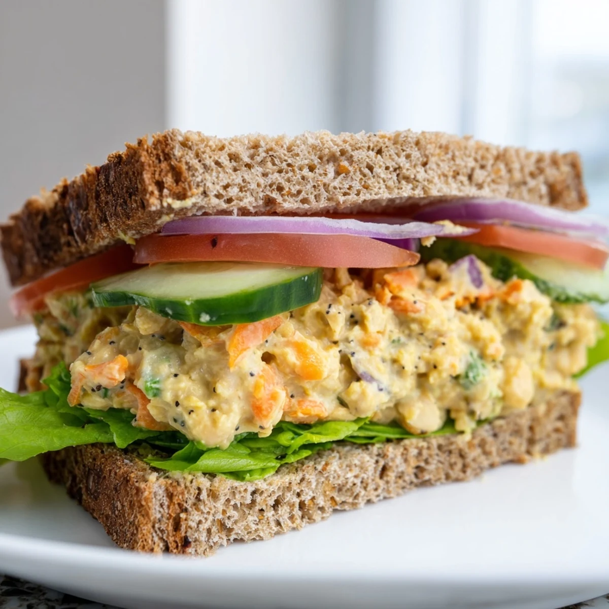 Creamy chickpea salad sandwich on whole-grain bread, showcasing a colorful, fresh lunch on a plate.