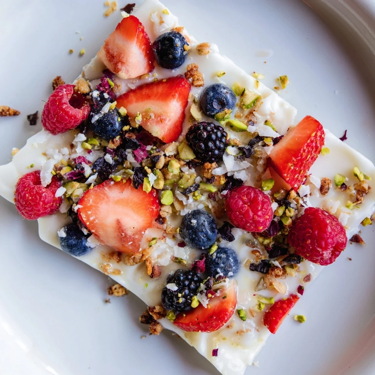 Vibrant Berry Yogurt Bark, a colorful frozen treat, features fresh berries atop creamy yogurt.