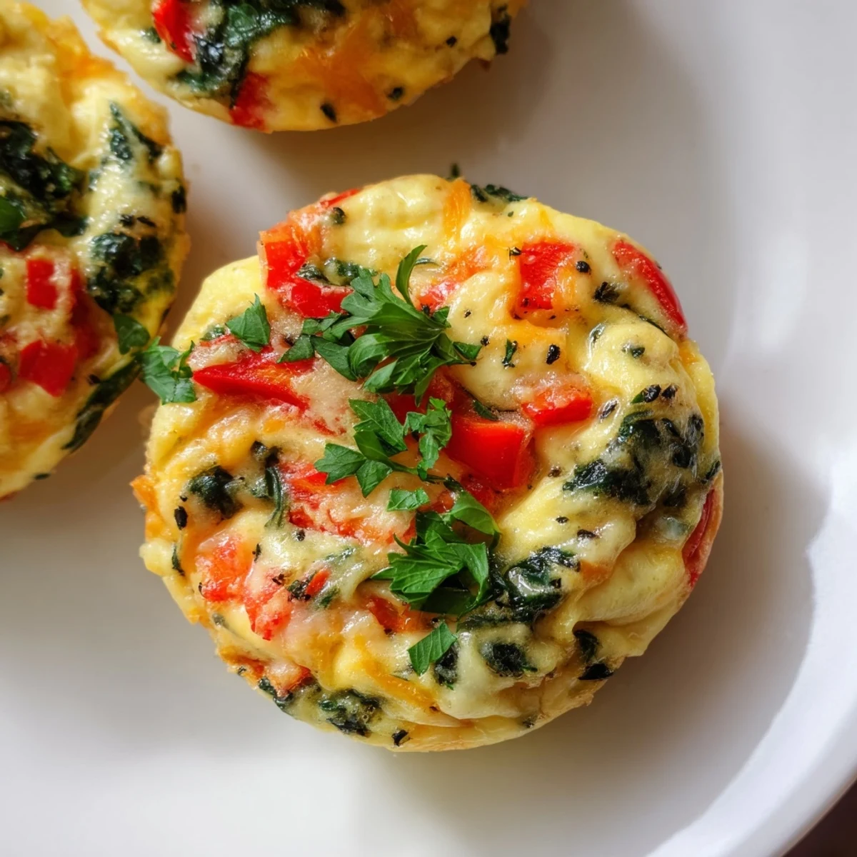 Imagine: Fluffy Mini Crustless Quiches dotted with herbs; a delicious vegetarian breakfast.