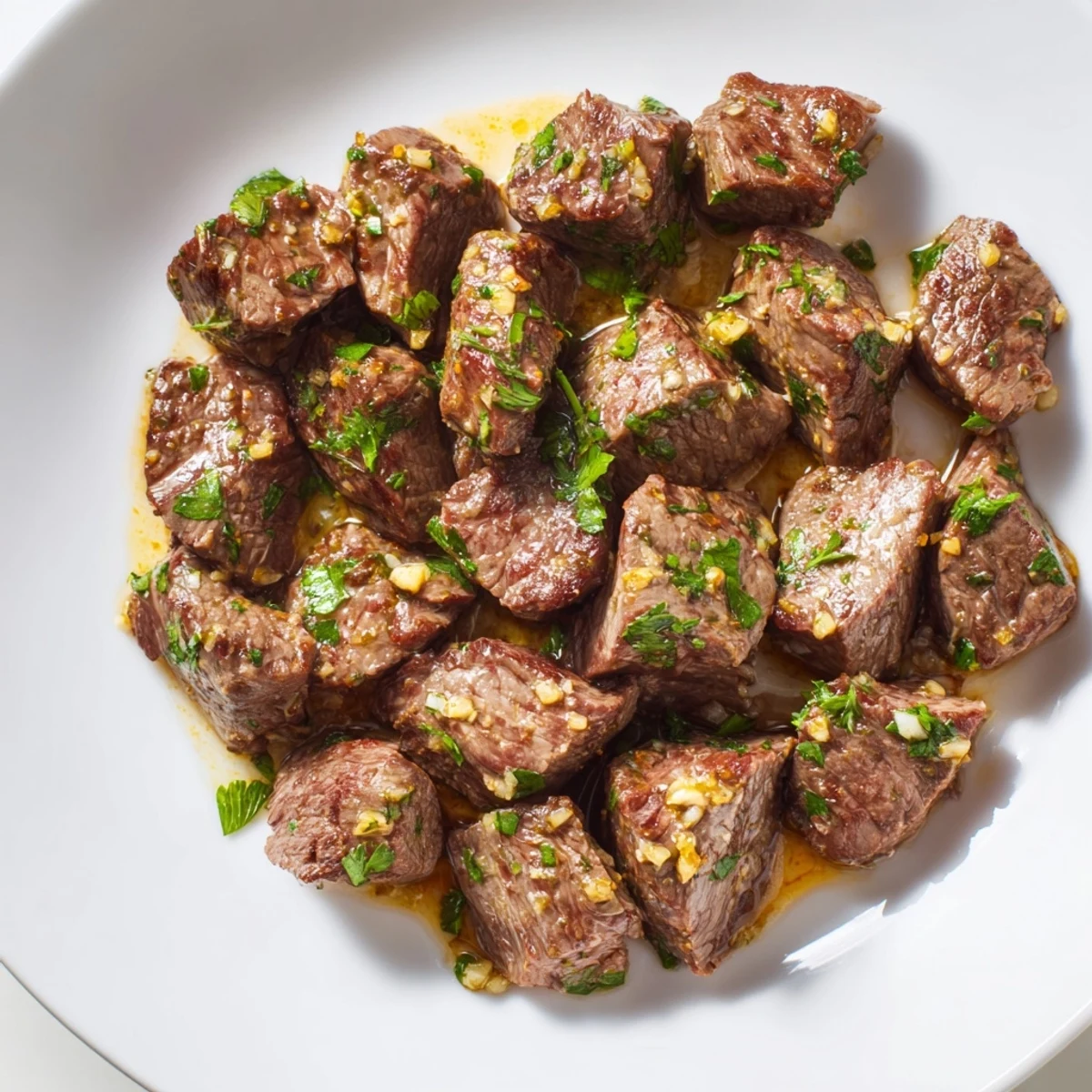 Air-Fryer Garlic-Butter Steak Bites, golden brown and glistening, ready to serve with fresh parsley.