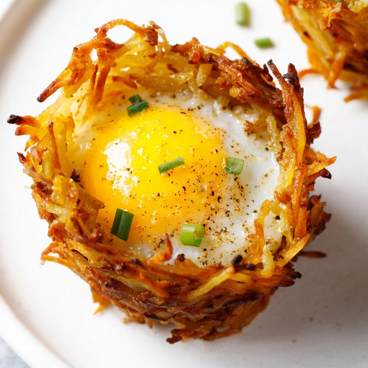 Delicious American breakfast featuring Crispy Hashbrown Egg Nests, served with fresh green chives.