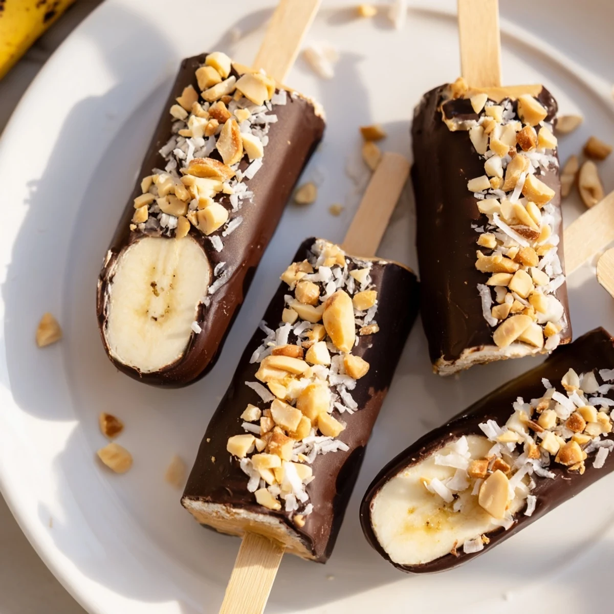 Frozen Banana Chocolate Pops, coated in rich chocolate and crunchy toppings, ready to enjoy.