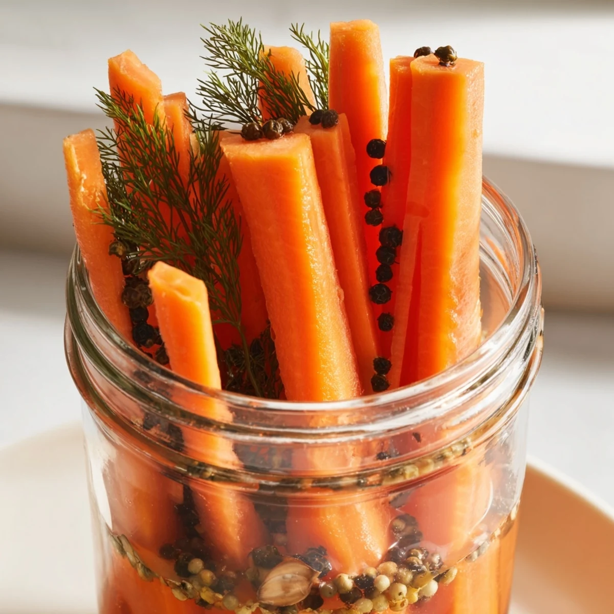 Freshly prepared Quick Pickled Carrot Spears with a touch of dill, excellent on a cheese board.