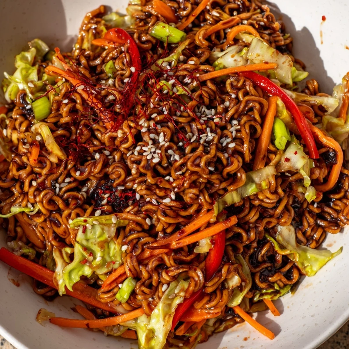 Steaming spicy ramen stir fry with vibrant vegetables and a savory sauce, ready to serve.