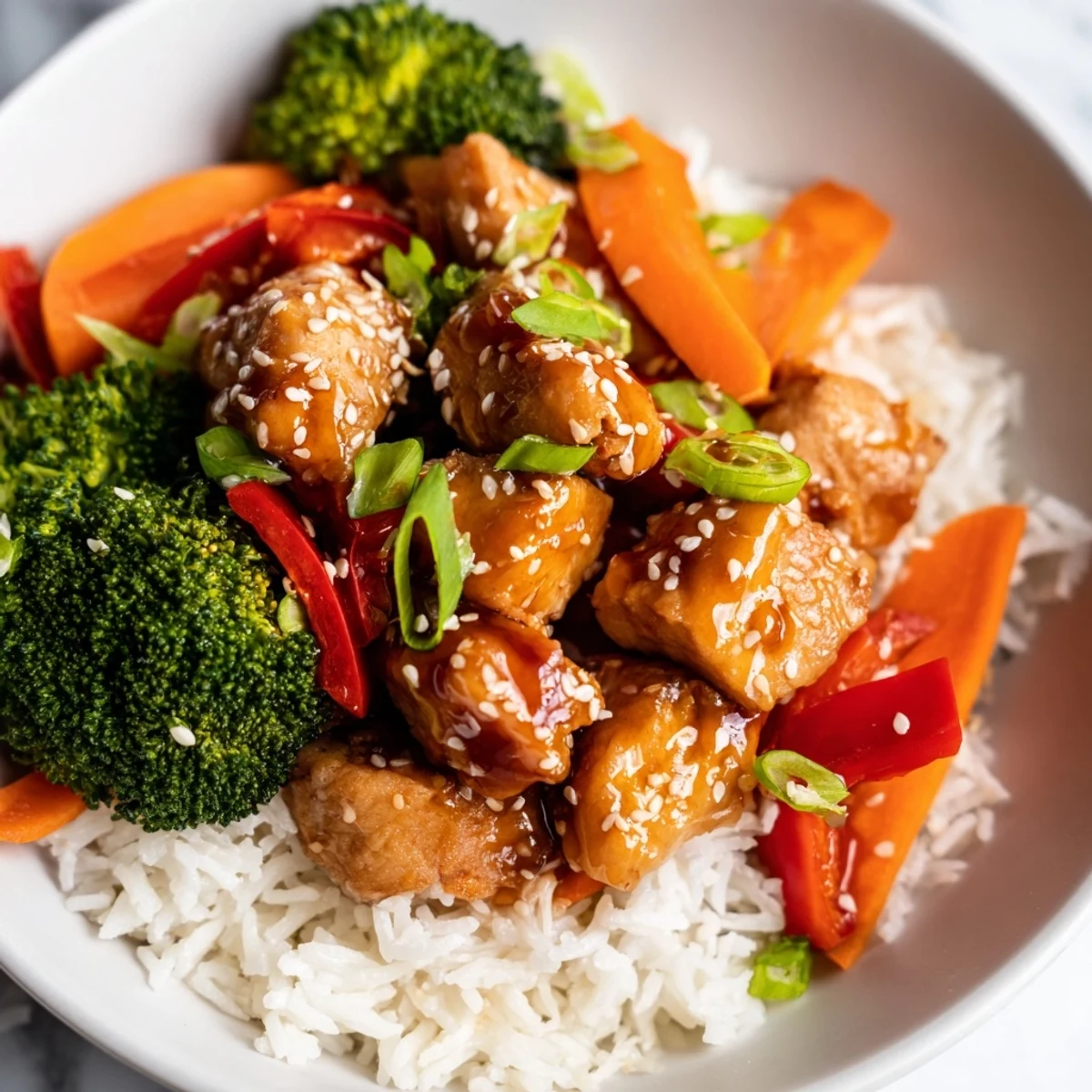 Golden-brown teriyaki chicken glistening atop vibrant vegetables and fluffy rice, ready to enjoy.