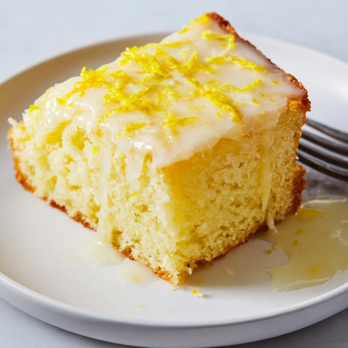 A slice of Lemon Yogurt Cake, glistening with glaze, ready for a delicious dessert.