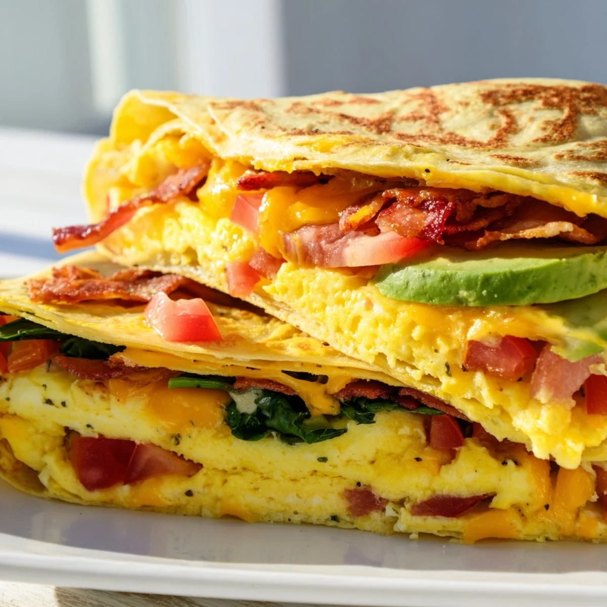Golden and crispy, a delicious Crispy Breakfast Wrap with bacon, cheese, and fluffy scrambled eggs inside.
