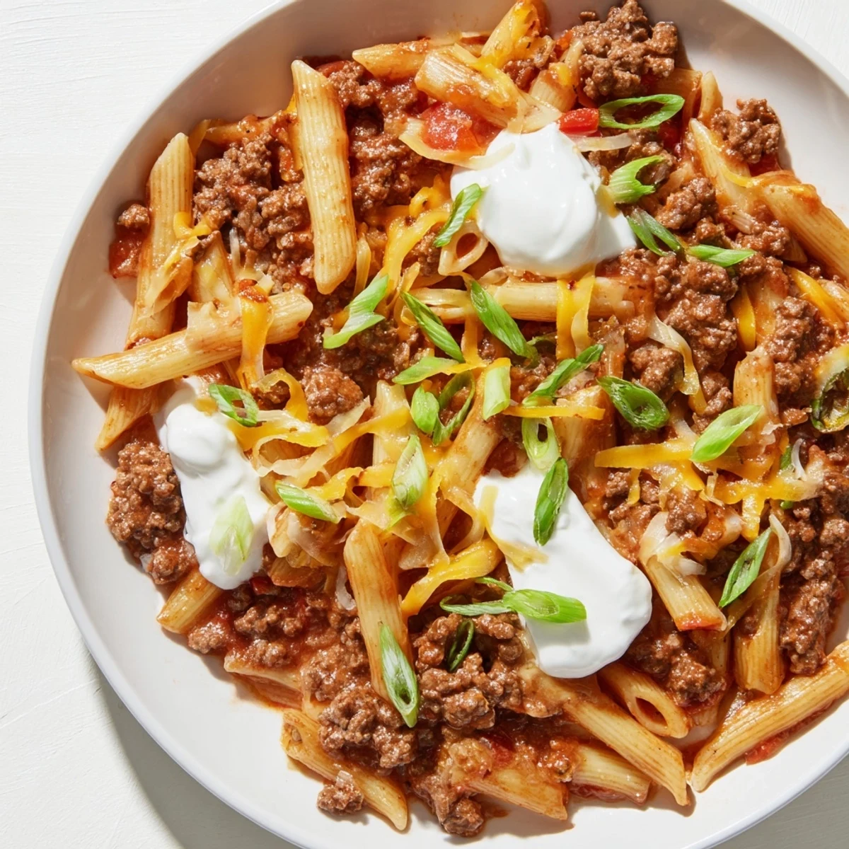 This image shows a delicious bowl of one-pot taco pasta, perfect for a busy weeknight dinner.