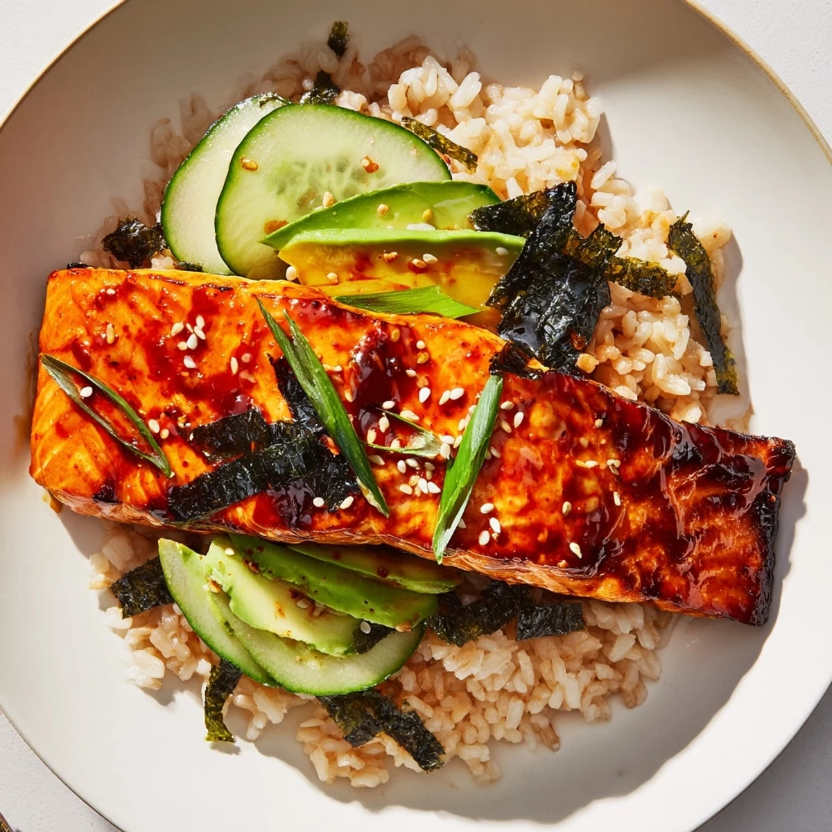Emily Mariko-Inspired Sticky Orange Gochujang Salmon Bowl, glistening and flavorful, ready to enjoy.