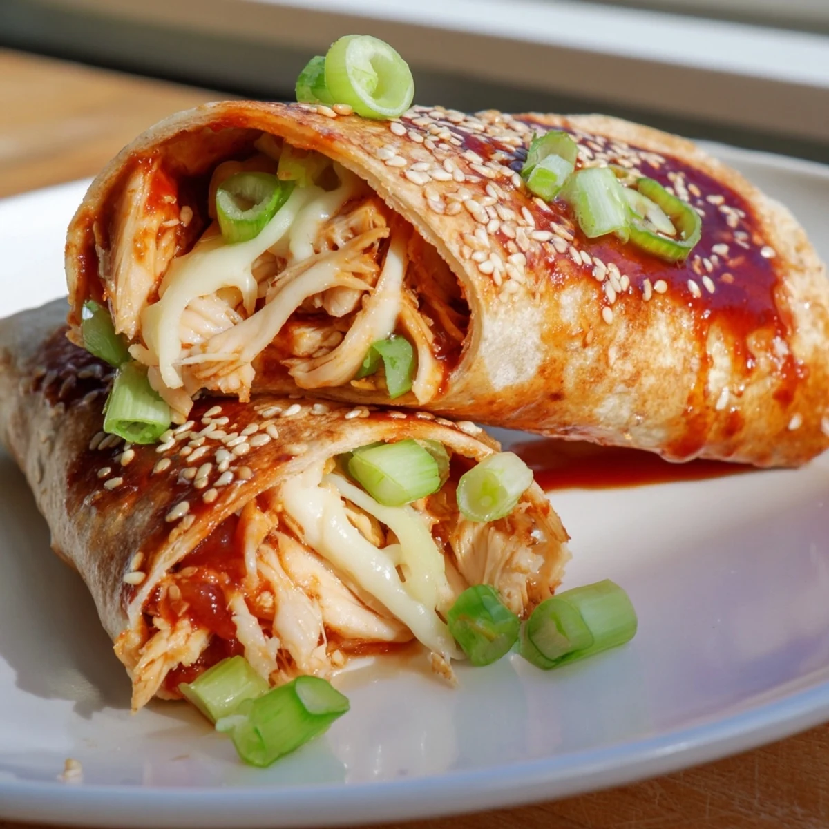 Mouthwatering, close-up of a Korean BBQ Chicken Wrap Grilled Cheese, ready for a delicious bite.