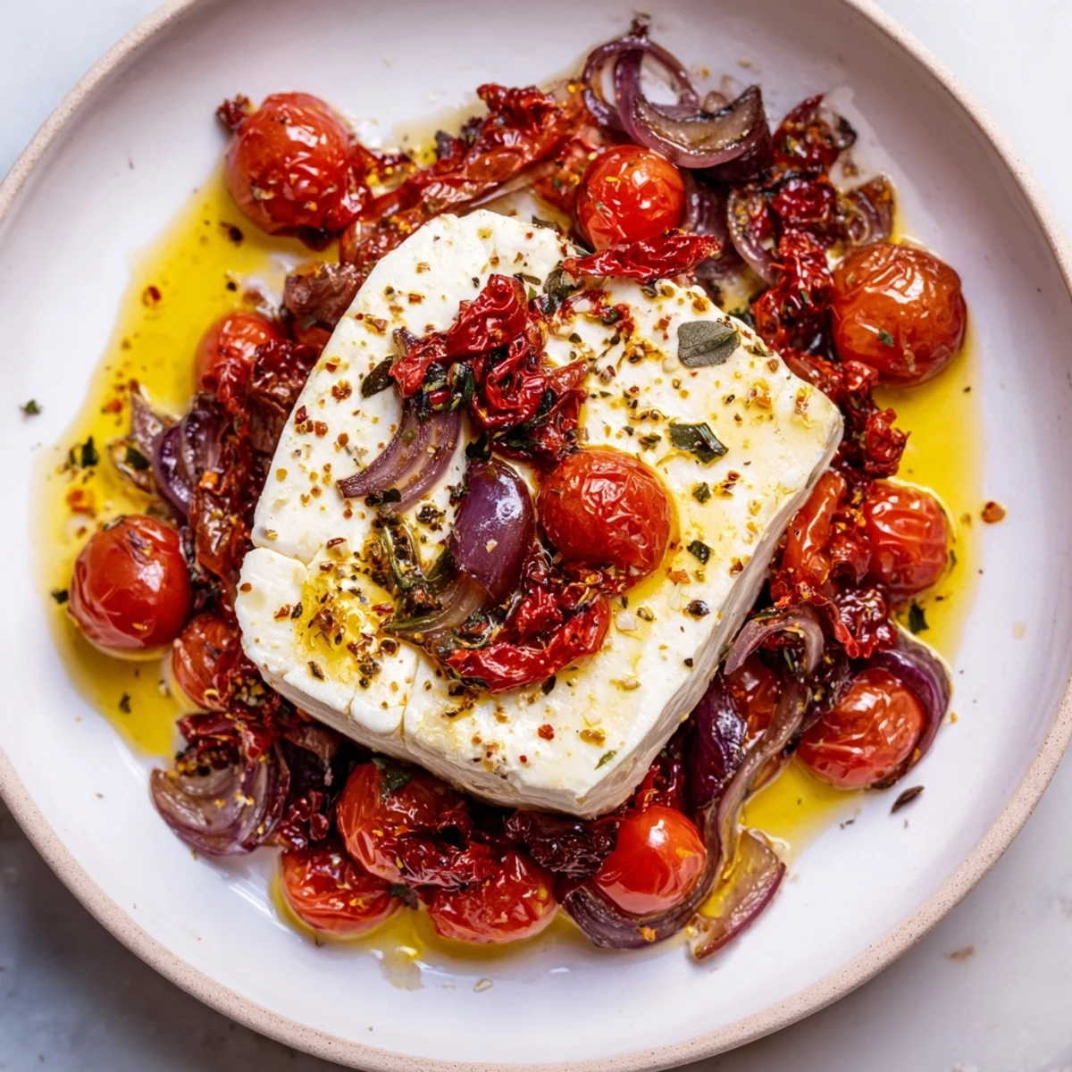 Baked feta pasta glistens with roasted tomatoes, creamy feta, and savory herbs, ready to be served.