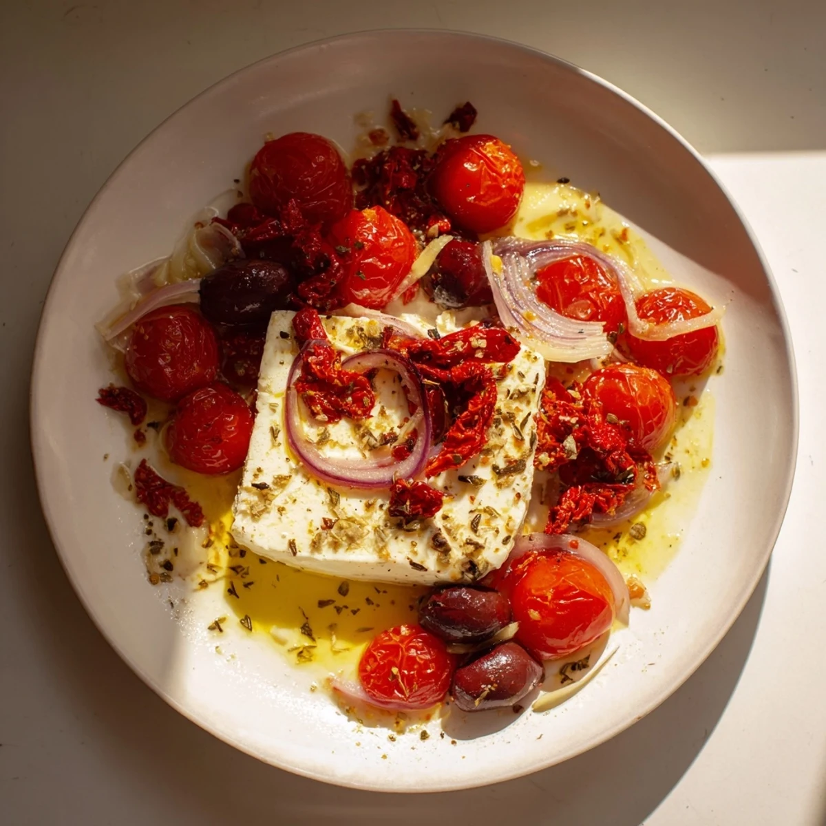 A close-up of steaming baked feta pasta showcases melted feta and bright red tomatoes, ready to eat.