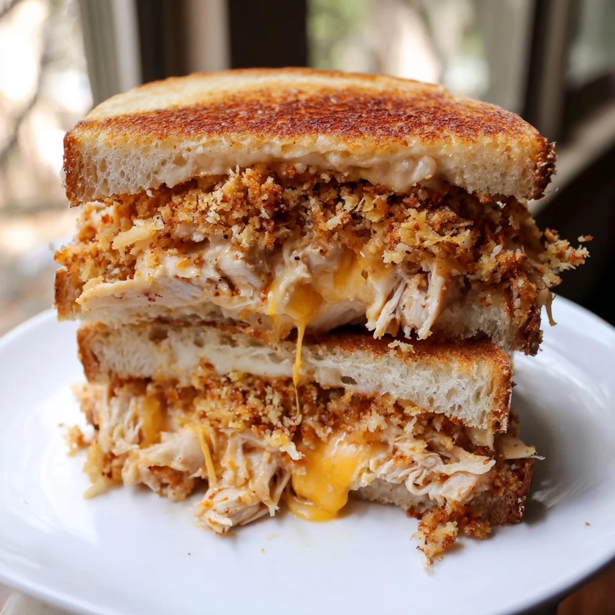 Golden, cheesy, Spicy Crispy Chicken Sandwich Grilled Cheese, oozing with melted cheese and spicy, tender chicken.