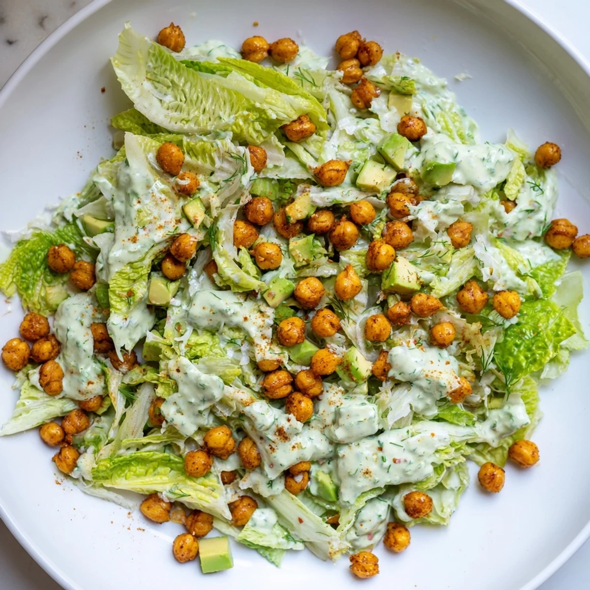 Green Goddess Salad with crispy chickpeas, a refreshing bowl of vibrant chopped salad, ready to eat.