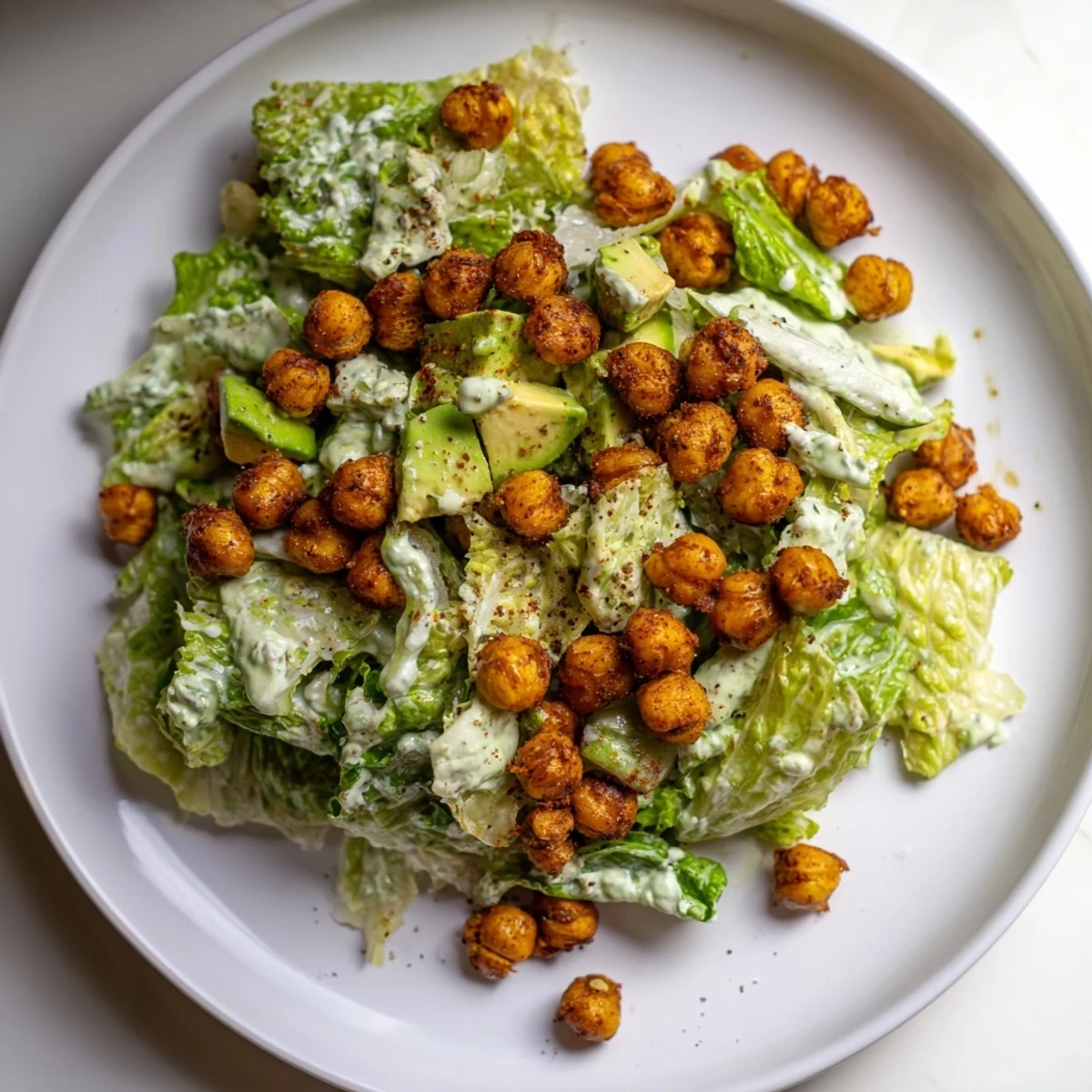 A close-up of Green Goddess Salad, showing the crisp chickpeas and creamy dressing coating the greens.