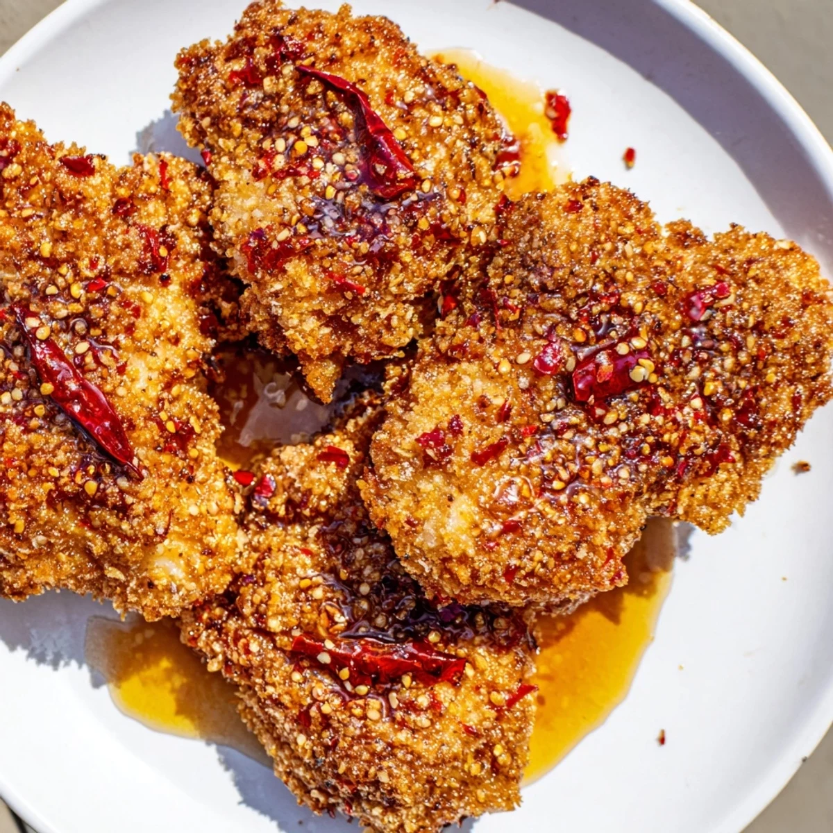 Golden, crispy Hot Honey Crispy Chicken Thighs glistening with a sweet and spicy honey glaze.