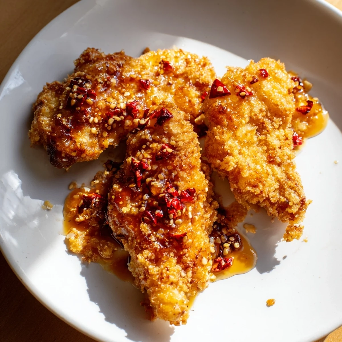 Close-up of perfectly fried Hot Honey Crispy Chicken Thighs, showcasing the juicy meat and crunchy crust.