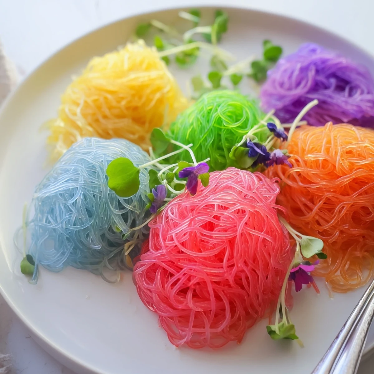 Vibrant Neon Noodle Clouds, swirled into artful bundles, paired with a savory soy dipping sauce.