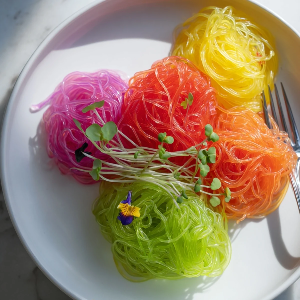 Chilled Neon Noodle Clouds, colorful and whimsical, ready to dip into a ginger-infused condiment, a vegan delight.